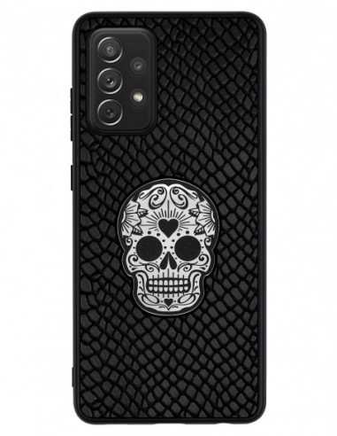 Etui premium skórzane, case na smartfon SAMSUNG GALAXY A72 5G. Iguana czarny ze srebrną czaszką