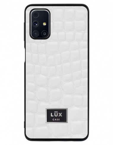 Etui premium skórzane, case na smartfon SAMSUNG GALAXY M31S. Crocodile biały ze złotą blaszką