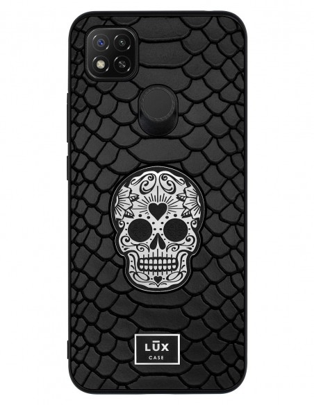 Etui premium skórzane, case na smartfon XIAOMI REDMI 9C. Python czarny mat ze srebrną czaszką ze złotą blaszką