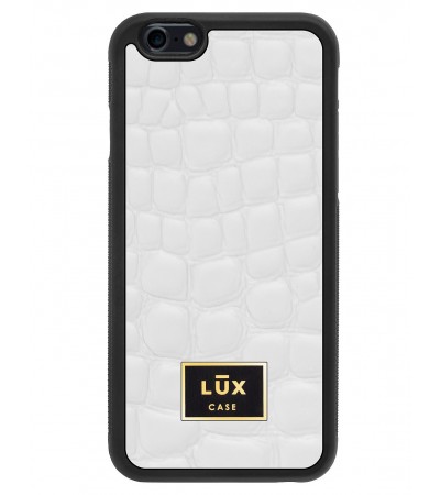 Etui premium skórzane, case na smartfon APPLE iPhone 6. Skóra crocodile biała ze złotą blaszką.