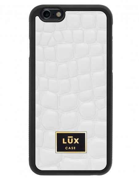 Etui premium skórzane, case na smartfon APPLE iPhone 6. Skóra crocodile biała ze złotą blaszką.