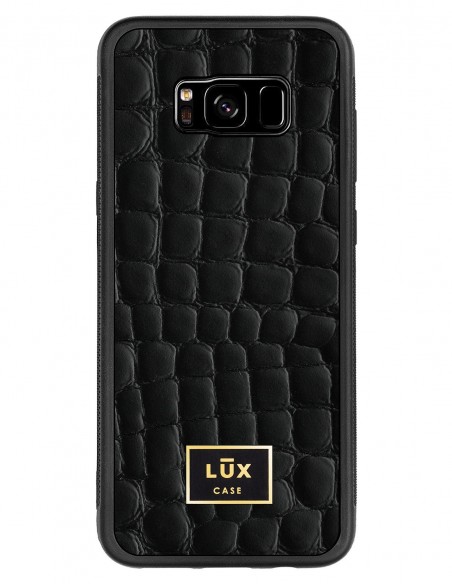 Etui premium skórzane, case na smartfon SAMSUNG GALAXY S8 PLUS. Skóra crocodile czarna ze złotą blaszką.