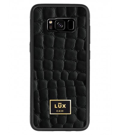 Etui premium skórzane, case na smartfon SAMSUNG GALAXY S8. Skóra crocodile czarna ze złotą blaszką.