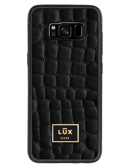 Etui premium skórzane, case na smartfon SAMSUNG GALAXY S8. Skóra crocodile czarna ze złotą blaszką.