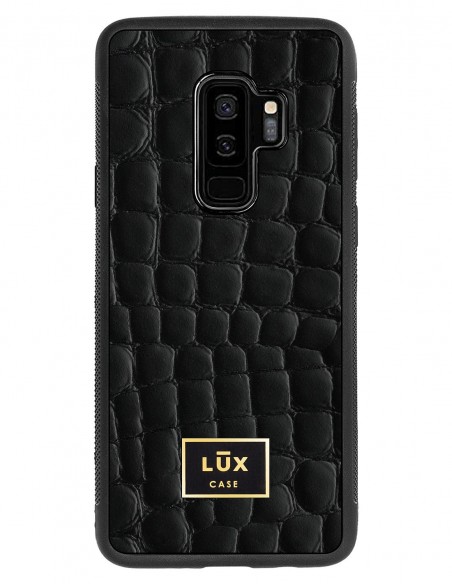 Etui premium skórzane, case na smartfon SAMSUNG GALAXY S9 PLUS. Skóra crocodile czarna ze złotą blaszką.