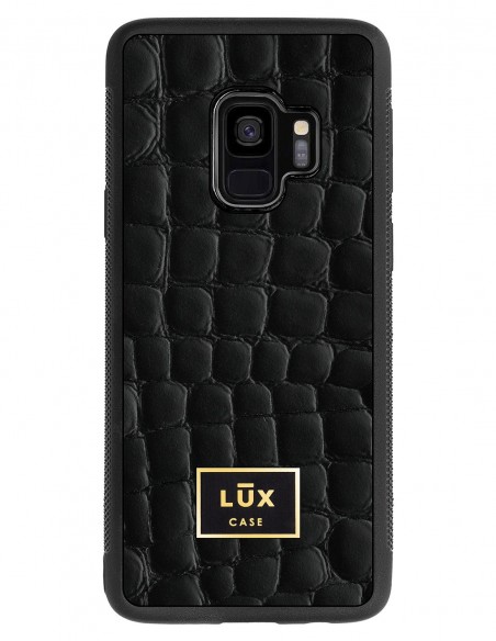 Etui premium skórzane, case na smartfon SAMSUNG GALAXY S9. Skóra crocodile czarna ze złotą blaszką.