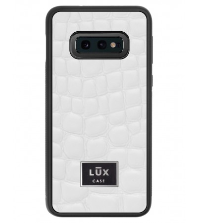 Etui premium skórzane, case na smartfon SAMSUNG GALAXY S10E. Skóra crocodile biała ze srebrną blaszką.