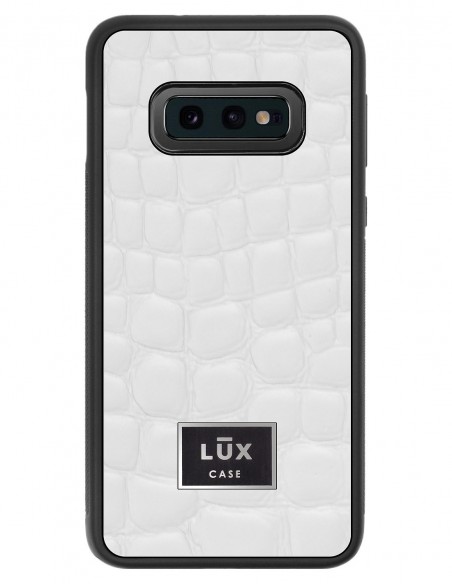 Etui premium skórzane, case na smartfon SAMSUNG GALAXY S10E. Skóra crocodile biała ze srebrną blaszką.