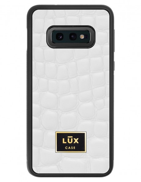 Etui premium skórzane, case na smartfon SAMSUNG GALAXY S10E. Skóra crocodile biała ze złotą blaszką.