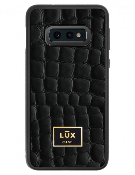 Etui premium skórzane, case na smartfon SAMSUNG GALAXY S10 LITE. Skóra crocodile czarna ze złotą blaszką.