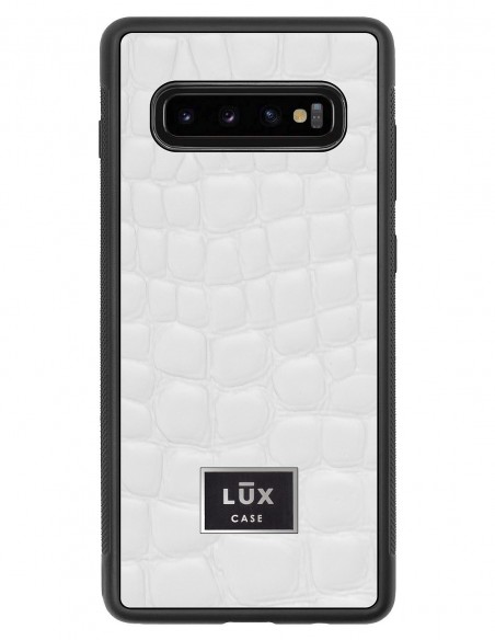 Etui premium skórzane, case na smartfon SAMSUNG GALAXY S10 PLUS. Skóra crocodile biała ze srebrną blaszką.