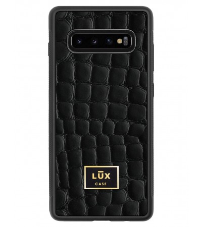 Etui premium skórzane, case na smartfon SAMSUNG GALAXY S10 PLUS. Skóra crocodile czarna ze złotą blaszką.