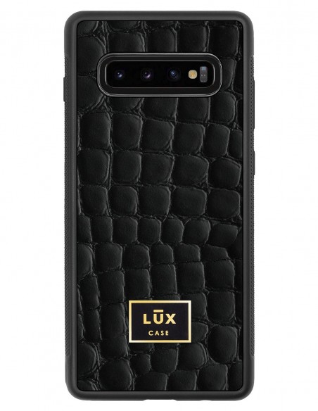 Etui premium skórzane, case na smartfon SAMSUNG GALAXY S10 PLUS. Skóra crocodile czarna ze złotą blaszką.