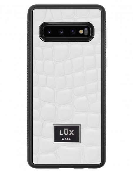 Etui premium skórzane, case na smartfon SAMSUNG GALAXY S10. Skóra crocodile biała ze srebrną blaszką.