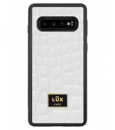 Etui premium skórzane, case na smartfon SAMSUNG GALAXY S10. Skóra crocodile biała ze złotą blaszką.