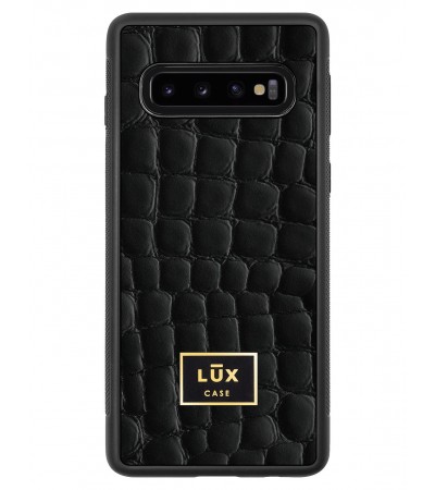 Etui premium skórzane, case na smartfon SAMSUNG GALAXY S10. Skóra crocodile czarna ze złotą blaszką.