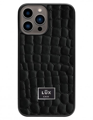 Etui premium skórzane, case na smartfon APPLE iPhone 12 PRO MAX. Skóra crocodile czarna ze srebrną blaszką.