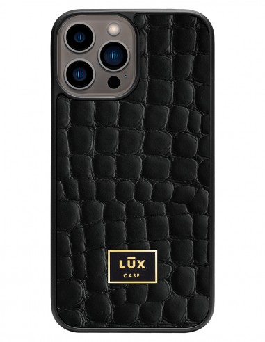 Etui premium skórzane, case na smartfon APPLE iPhone 12 PRO MAX. Skóra crocodile czarna ze złotą blaszką.