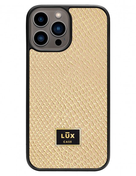 Etui premium skórzane, case na smartfon APPLE iPhone 13 PRO MAX. Skóra iguana gold ze złotą blaszką.