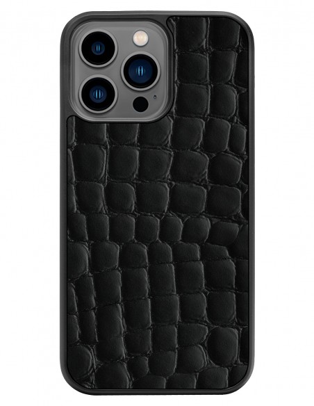 Etui premium skórzane, case na smartfon APPLE iPhone 13 PRO. Skóra crocodile czarna.