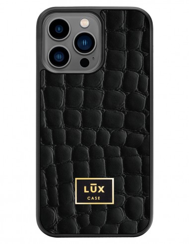 Etui premium skórzane, case na smartfon APPLE iPhone 13 PRO. Skóra crocodile czarna ze złotą blaszką.