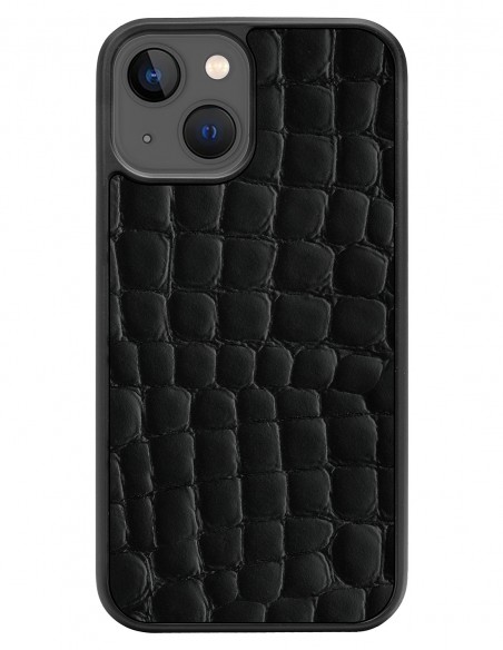 Etui premium skórzane, case na smartfon APPLE iPhone 13. Skóra crocodile czarna.