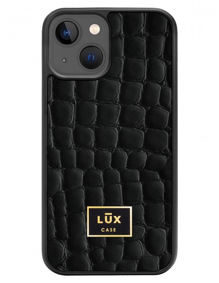 Etui premium skórzane, case na smartfon APPLE iPhone 13. Skóra crocodile czarna ze złotą blaszką.