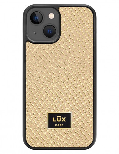Etui premium skórzane, case na smartfon APPLE iPhone 13. Skóra iguana gold ze złotą blaszką.