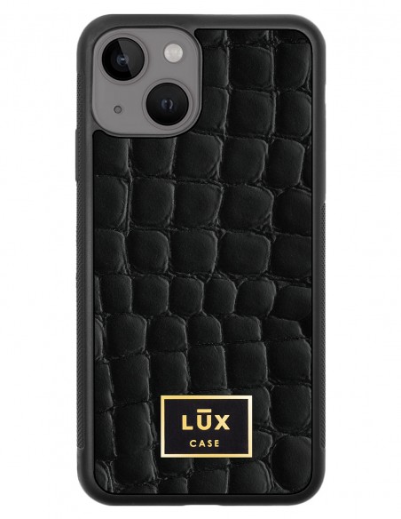 Etui premium skórzane, case na smartfon APPLE iPhone 13 MINI. Skóra crocodile czarna ze złotą blaszką.