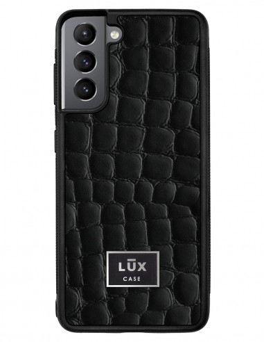 Etui premium skórzane, case na smartfon SAMSUNG GALAXY S21. Skóra crocodile czarna ze srebrną blaszką.