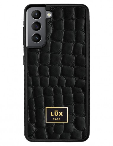 Etui premium skórzane, case na smartfon SAMSUNG GALAXY S21. Skóra crocodile czarna ze złotą blaszką.
