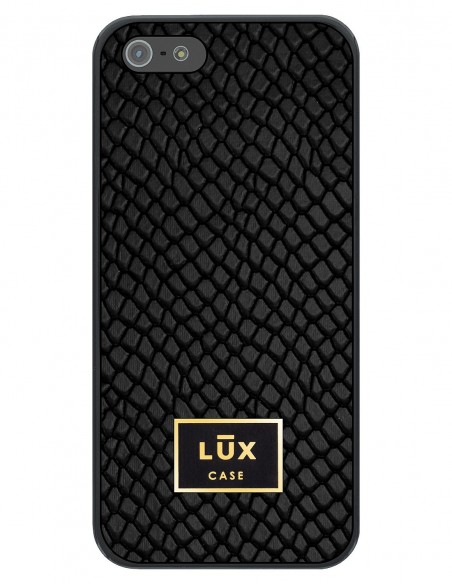 Etui premium skórzane, case na smartfon APPLE iPhone SE (2016). Skóra iguana czarna ze złotą blaszką.