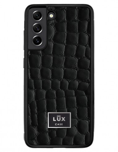 Etui premium skórzane, case na smartfon SAMSUNG GALAXY S21 FE. Skóra crocodile czarna ze srebrną blaszką.