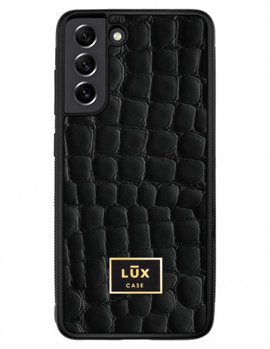 Etui premium skórzane, case na smartfon SAMSUNG GALAXY S21 FE. Skóra crocodile czarna ze złotą blaszką.