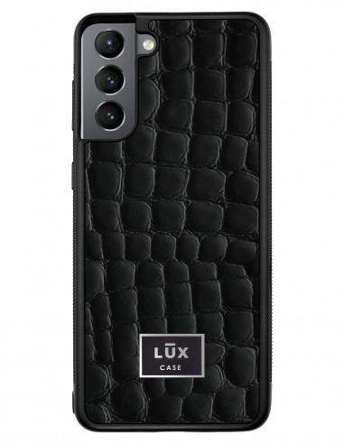 Etui premium skórzane, case na smartfon SAMSUNG GALAXY S21 PLUS. Skóra crocodile czarna ze srebrną blaszką.
