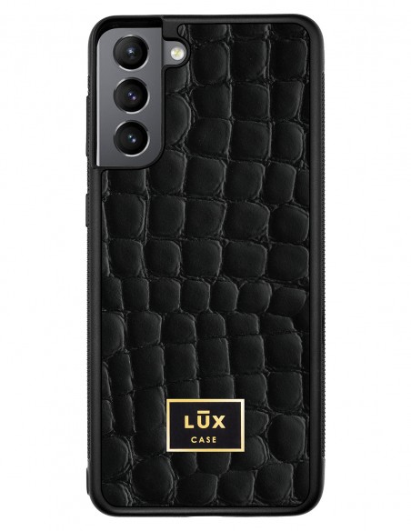Etui premium skórzane, case na smartfon SAMSUNG GALAXY S21 PLUS. Skóra crocodile czarna ze złotą blaszką.