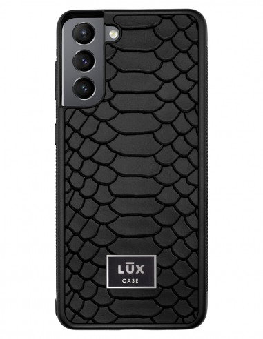 Etui premium skórzane, case na smartfon SAMSUNG GALAXY S21. Skóra python czarna mat ze złotą blaszką.