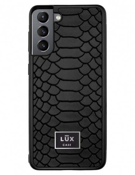 Etui premium skórzane, case na smartfon SAMSUNG GALAXY S21. Skóra python czarna mat ze złotą blaszką.