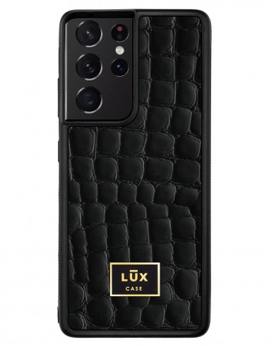 Etui premium skórzane, case na smartfon SAMSUNG GALAXY S21 ULTRA. Skóra crocodile czarna ze złotą blaszką.