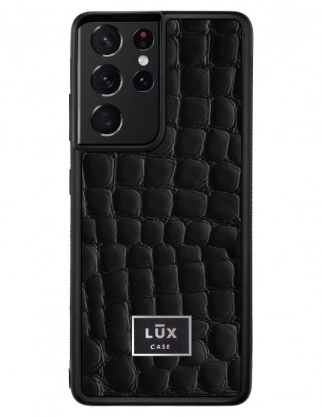 Etui premium skórzane, case na smartfon SAMSUNG GALAXY S21 ULTRA. Skóra crocodile czarna ze srebrną blaszką.
