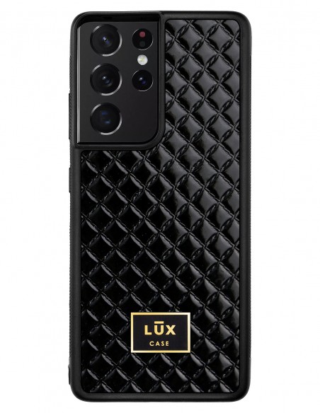 Etui premium skórzane, case na smartfon SAMSUNG GALAXY S21 ULTRA. Skóra pik czarna błysk ze złotą blaszką.