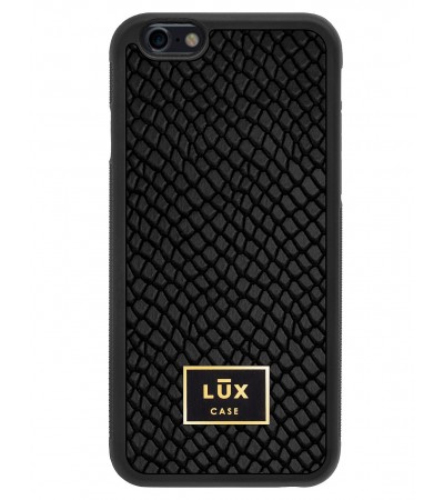 Etui premium skórzane, case na smartfon APPLE iPhone 6. Skóra iguana czarna ze złotą blaszką.