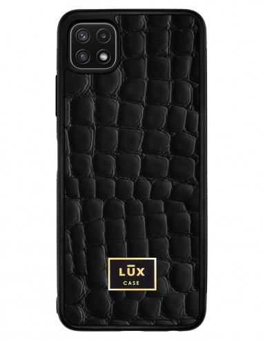 Etui premium skórzane, case na smartfon SAMSUNG GALAXY A22 5G. Skóra crocodile czarna ze złotą blaszką.