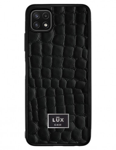 Etui premium skórzane, case na smartfon SAMSUNG GALAXY A22 5G. Skóra crocodile czarna ze srebrną blaszką.