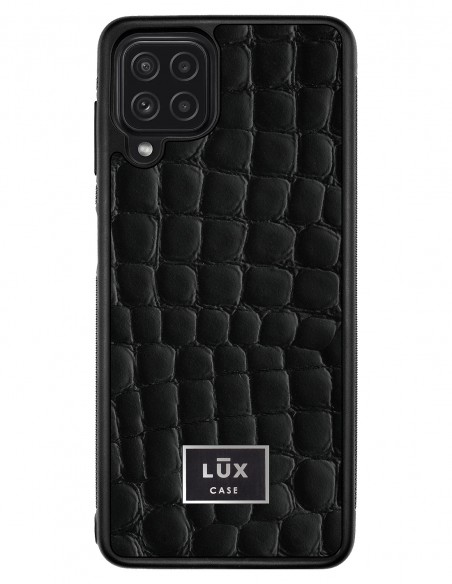Etui premium skórzane, case na smartfon SAMSUNG GALAXY A22 4G. Skóra crocodile czarna ze srebrną blaszką.