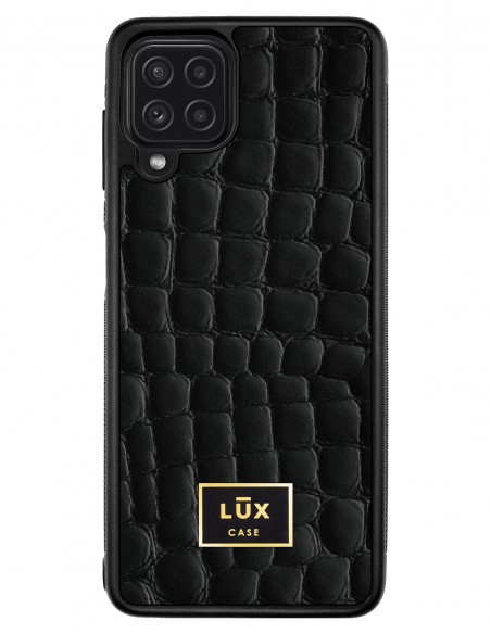 Etui premium skórzane, case na smartfon SAMSUNG GALAXY A22 4G. Skóra crocodile czarna ze złotą blaszką.