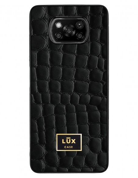 Etui premium skórzane, case na smartfon XIAOMI POCO X3. Skóra crocodile czarna ze złotą blaszką.