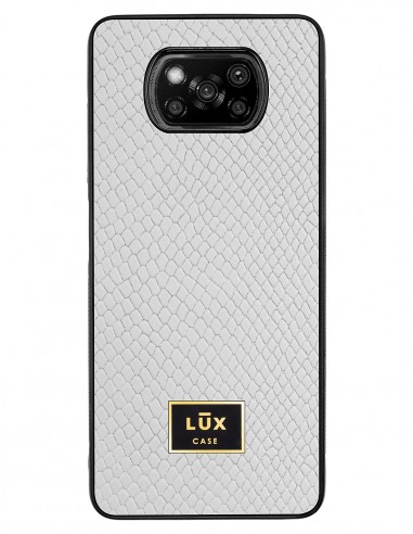 Etui premium skórzane, case na smartfon XIAOMI POCO X3. Skóra iguana biała ze złotą blaszką.