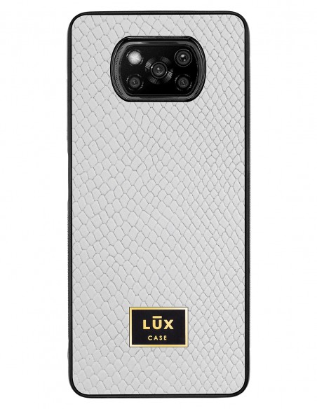 Etui premium skórzane, case na smartfon XIAOMI POCO X3. Skóra iguana biała ze złotą blaszką.
