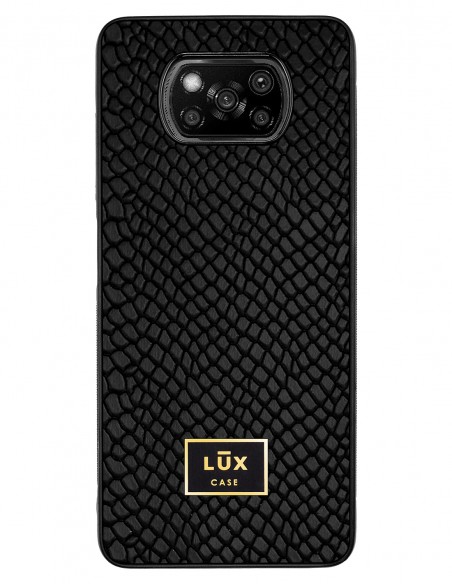 Etui premium skórzane, case na smartfon XIAOMI POCO X3. Skóra iguana czarna ze złotą blaszką.